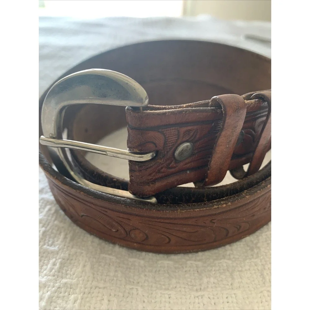 Vtg Tooled‎ Western Kids Belt Brown Leather Size 32